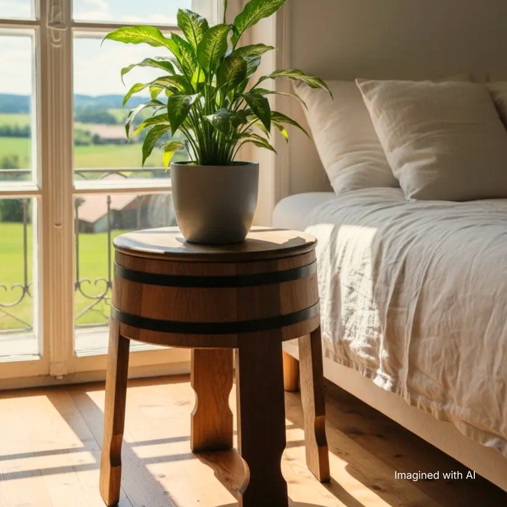 Handgefertigter Fasshocker aus Eiche als Nachttisch im hellen Schlafzimmer