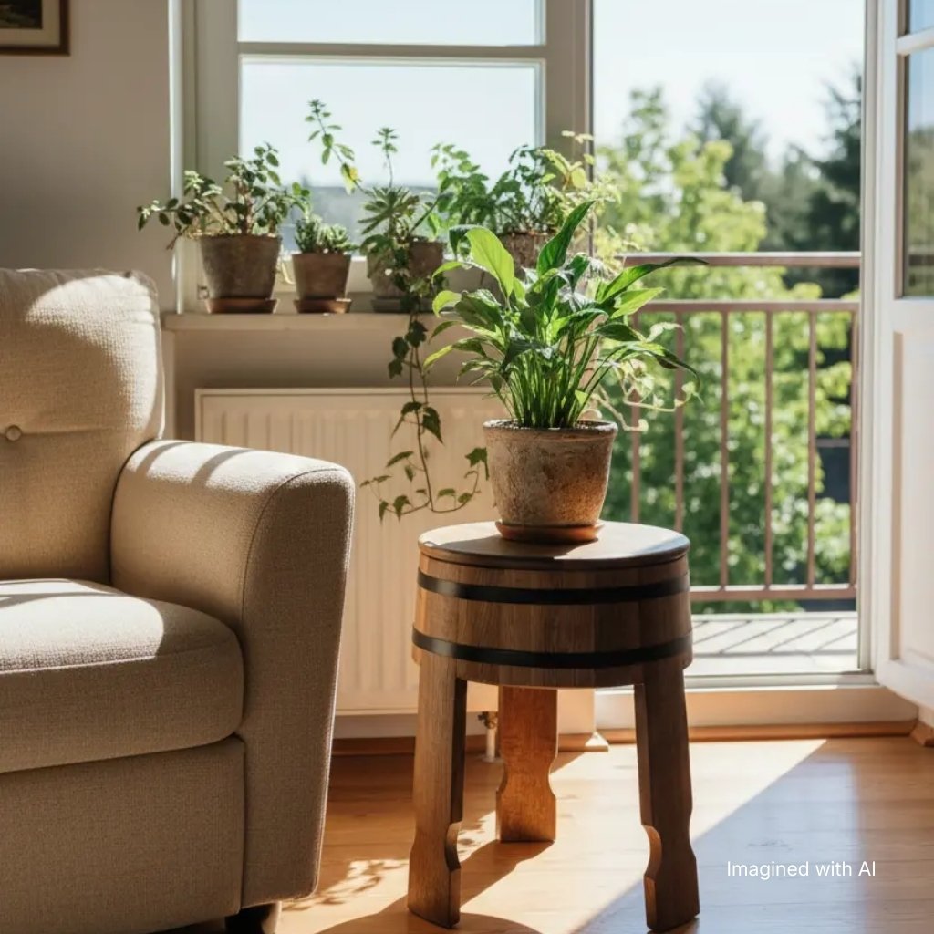 Ein rustikaler Fasshocker schmückt ein Wohnzimmer