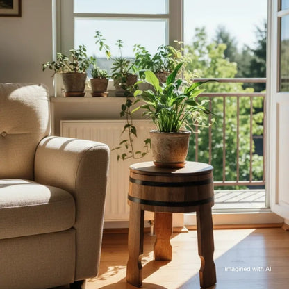 Ein rustikaler Fasshocker schmückt ein Wohnzimmer