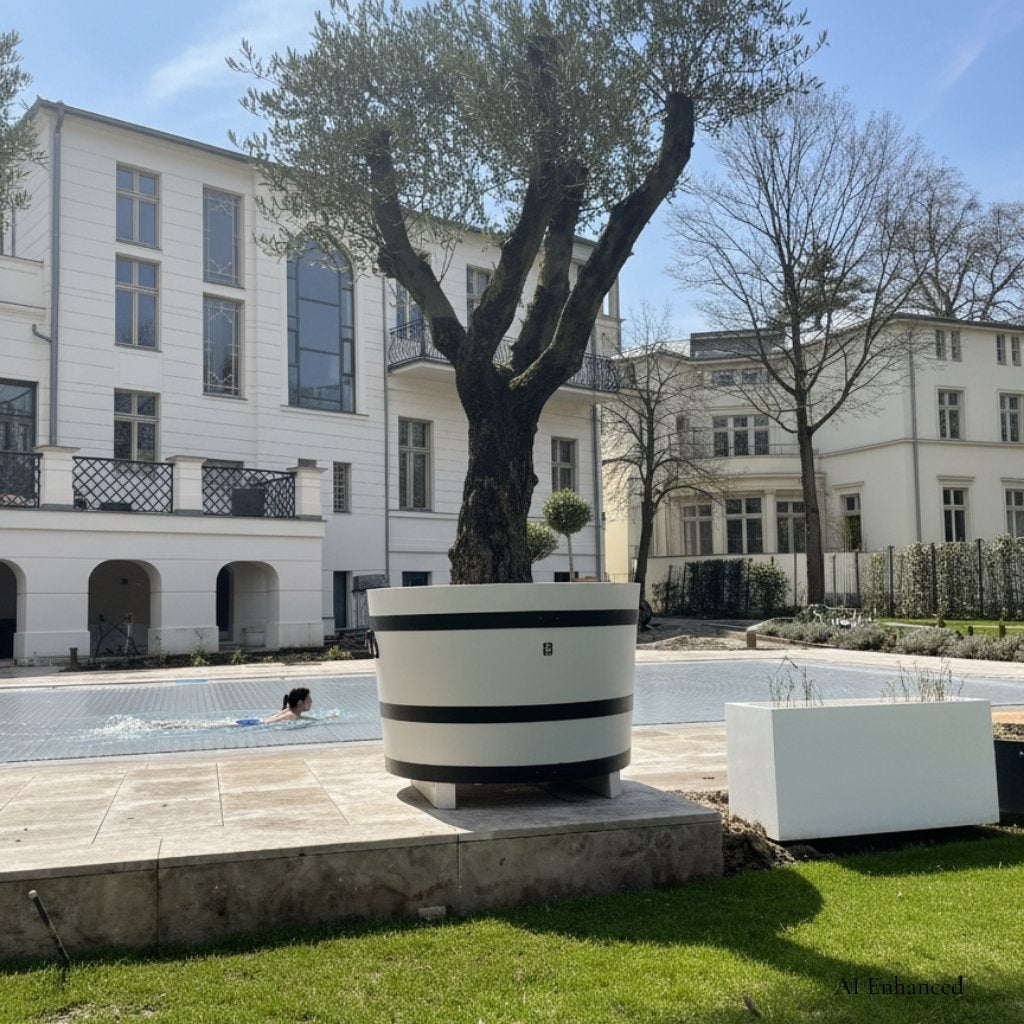 Ein großer xxl Holzpflanzottich der Böttcherei Götze ziert die Poolanlage einer Villa