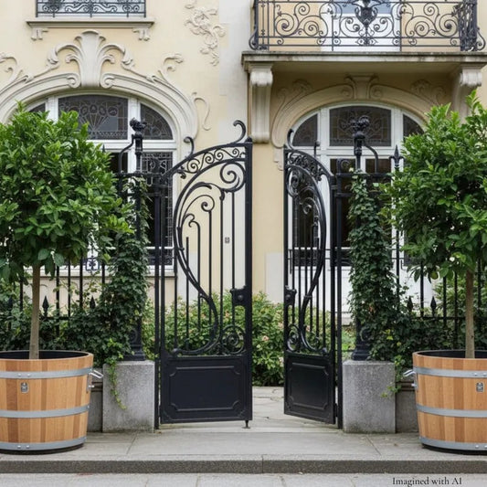 Eichenbottiche mit Bepflanzung – stilvoll inszeniert vor historischem Stadtbild