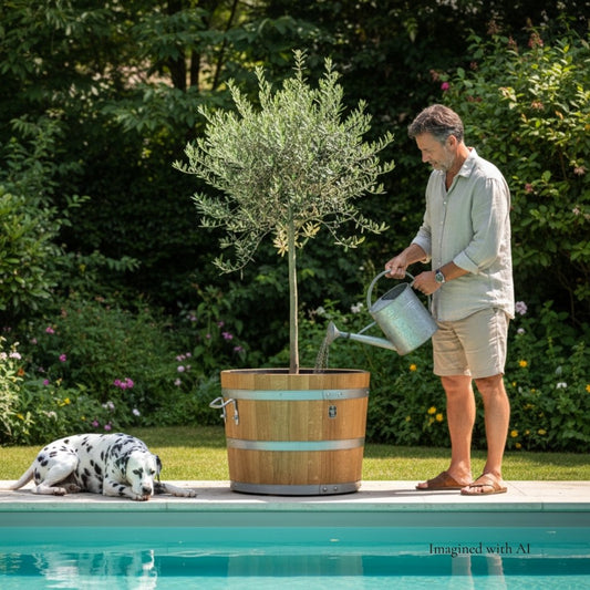 Ein Pflanzkübel vor einem Pool wird von einem Mann gegossen